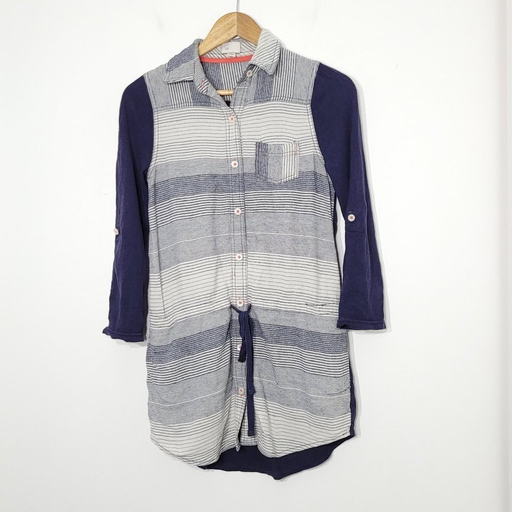 9-H15 StCL Anthropology Navy Blue Striped Shirt Roll Tab Sleeves Pockets XS
